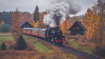 Fototapeta premium A vintage steam train chugs through a colorful autumn landscape with wooden houses nearby.