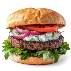 A gourmet lamb burger with tzatziki sauce and Mediterranean salad, isolated white background, impressionism art style