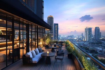 Obraz premium Rooftop Terrace with Cityscape View at Twilight