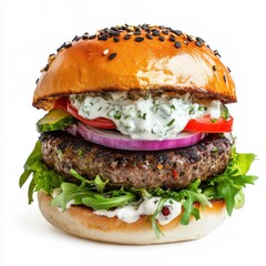 A gourmet lamb burger with tzatziki sauce and Mediterranean salad, isolated white background, pop...