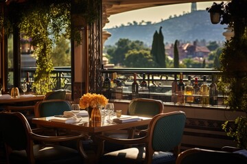 Gourmet Escape: Showcase a sophisticated drink with a gourmet village restaurant in the backdrop.