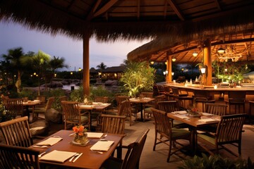 Gourmet Escape: Showcase a sophisticated drink with a gourmet village restaurant in the backdrop.