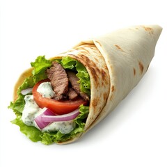 A gourmet lamb gyro wrap with tzatziki sauce, lettuce, tomato