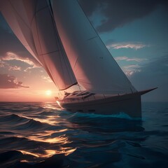 digital illustration of a sailboat sailing on the ocean at sunset, The boat is in the center of the image