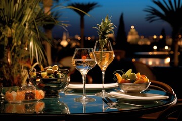 Gourmet Escape: Showcase a sophisticated drink with a gourmet village restaurant in the backdrop.
