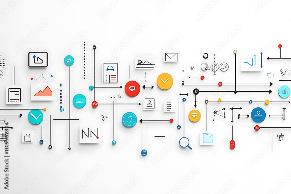 Poster a collection of colorful icons and symbols representing data and technology concepts.