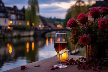 Riverside Romance: Photograph a romantic drink with a view of a river running through a charming village.