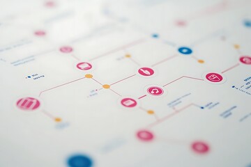 A colorful flowchart illustrating connections and processes with various icons and labels.