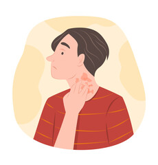 Worried Man with Atopic Dermatitis or Eczema on His Neck for Dermatology Concept Illustration