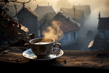 Foggy Morning Coffee: Capture the steam rising from a cup of coffee in a misty village morning.