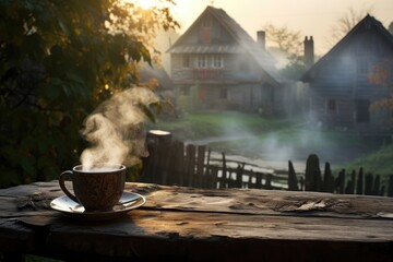 Foggy Morning Coffee: Capture the steam rising from a cup of coffee in a misty village morning.