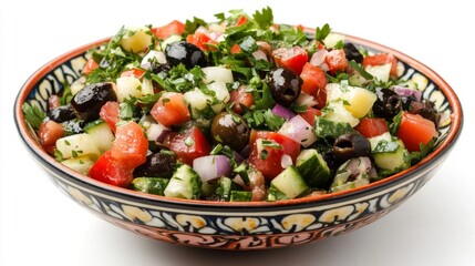 Colorful Salad with Black Olives, Cucumber, Tomato, and Parsley in a Decorative Bowl