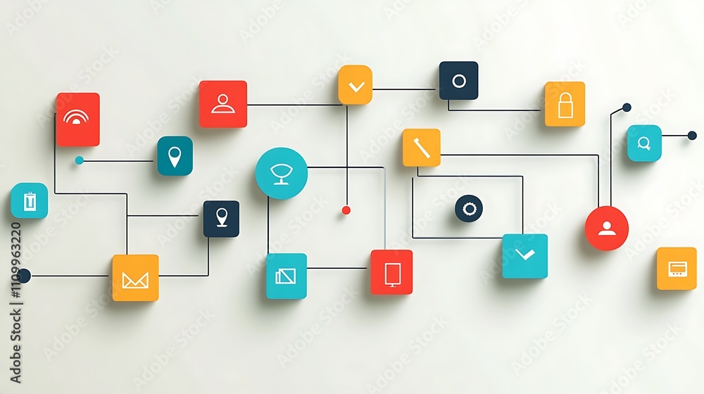 Poster abstract graphic of interconnected icons representing various digital services and functions.