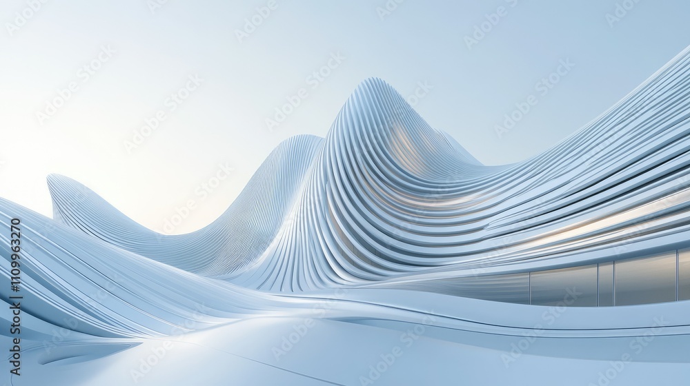Poster dynamic wavy architecture in pristine white under a crystal-clear sky, emphasizing fluid lines and i
