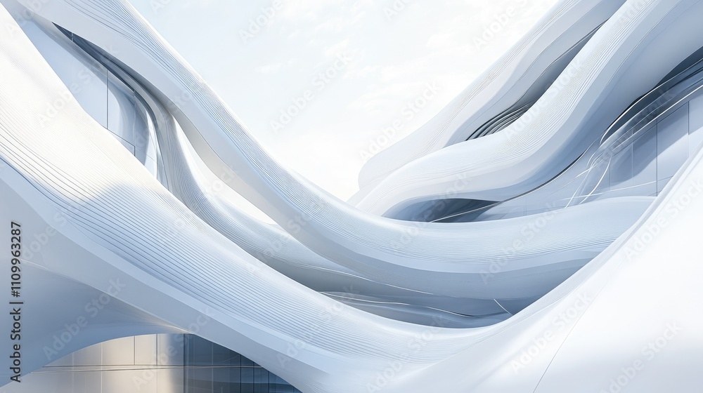 Poster dynamic wavy architecture in pristine white under a crystal-clear sky, emphasizing fluid lines and i