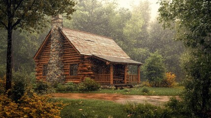 Obraz premium A Cozy Log Cabin in a Misty Forest During a Rain Shower