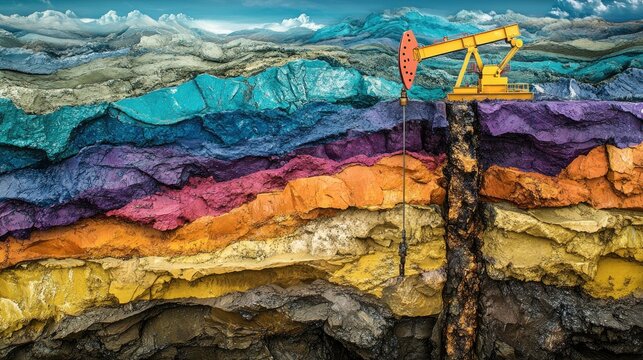 Earth cutaway showing vibrant geological layers; a drill penetrates deep into an oil-rich layer, symbolizing advanced Chinese drilling.