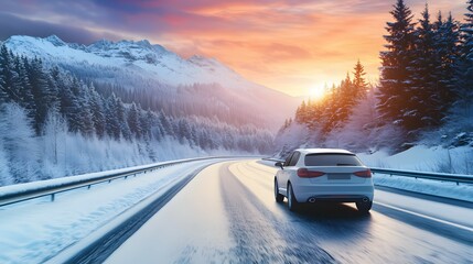 Majestic Winter Landscape with a Car on an Icy Road