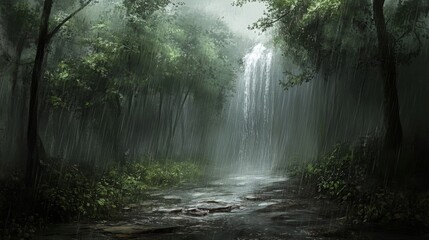 Obraz premium A Tranquil Forest Path with Waterfall and Heavy Rainfall