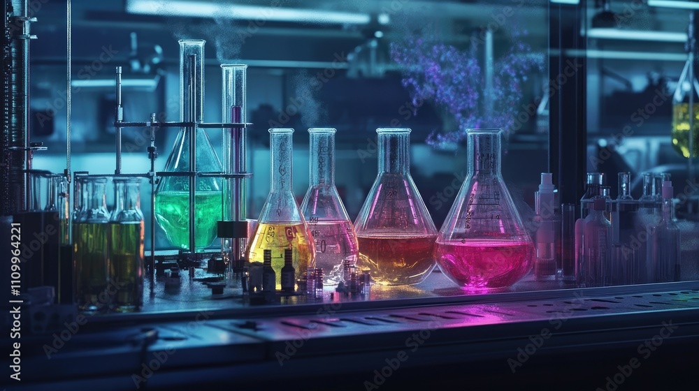 Poster experimental lab scene: flasks of bright liquids with connecting tubes, illustrating a chemical proc