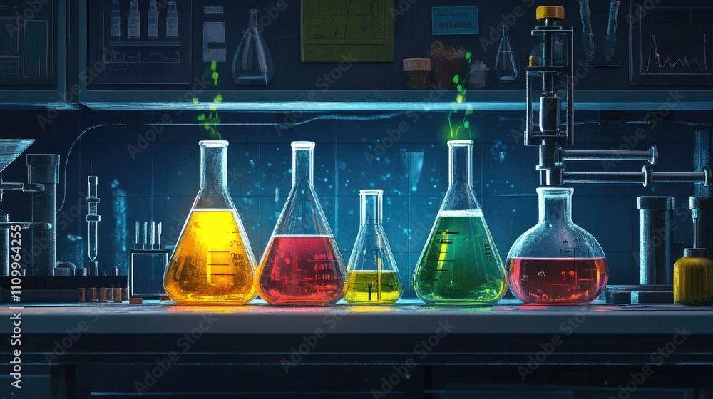Poster experimental lab scene: flasks of bright liquids with connecting tubes, illustrating a chemical proc