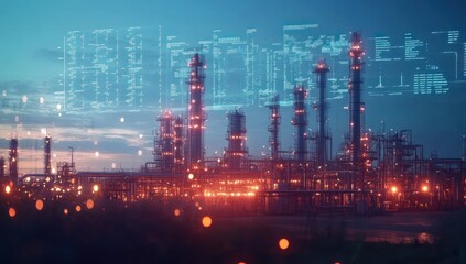 Fototapeta premium Industrial Complex at Night with Data Overlay