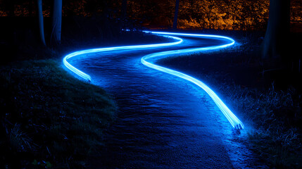 Long exposure photograph of blue neon light trails on a curved path against a dark background, evoking a sense of motion and speed. Illuminated. Illustration