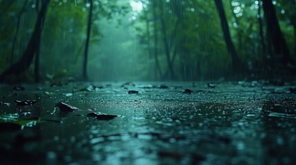 Fototapeta premium Rain-soaked Forest Path with Fallen Leaves