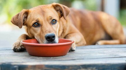 Thoughtful Dog Resting with Bowl on Wooden Surface Outdoors