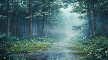 Obraz premium A misty forest path with rain and greenery