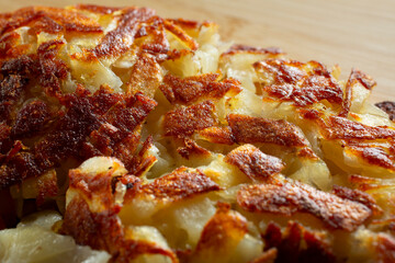 A closeup view of of a portion of hash browns.