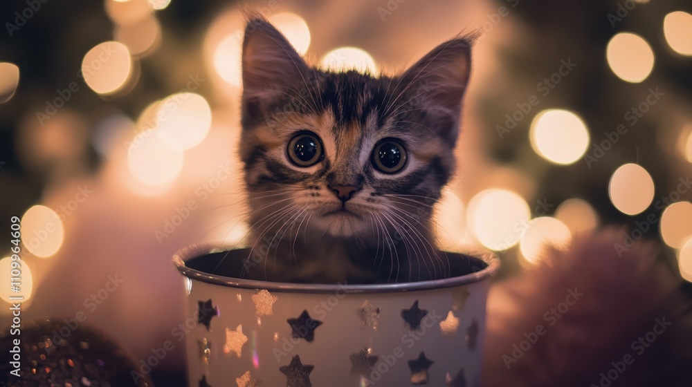 Poster cute kitten in a decorative pot with soft bokeh background