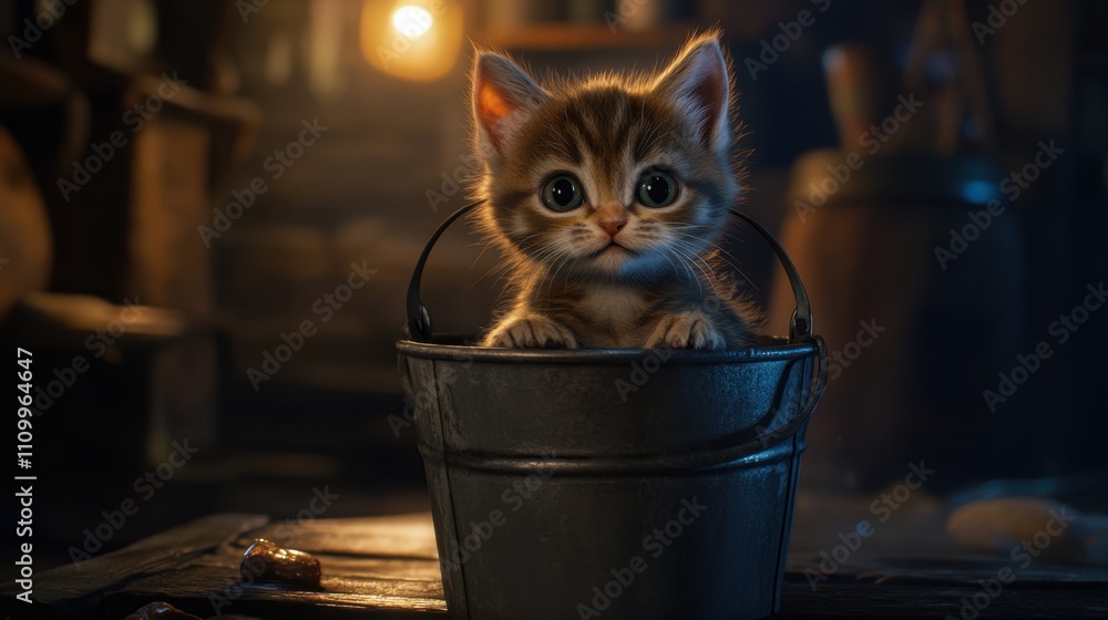 Poster adorable kitten peeking out from bucket in rustic setting