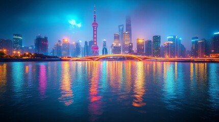 Fototapeta premium Nighttime cityscape of Shanghai with the Oriental Pearl Tower and a bridge reflecting in the water