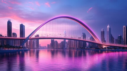Obraz premium Modern arch bridge illuminated with pink lights in a city at sunset