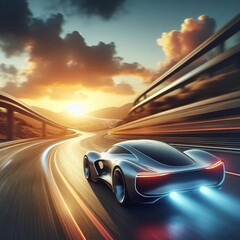 Obraz premium futuristic car drives at high speed along a serpentine road towards the sunset