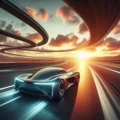Obraz premium futuristic car drives at high speed along a serpentine road towards the sunset