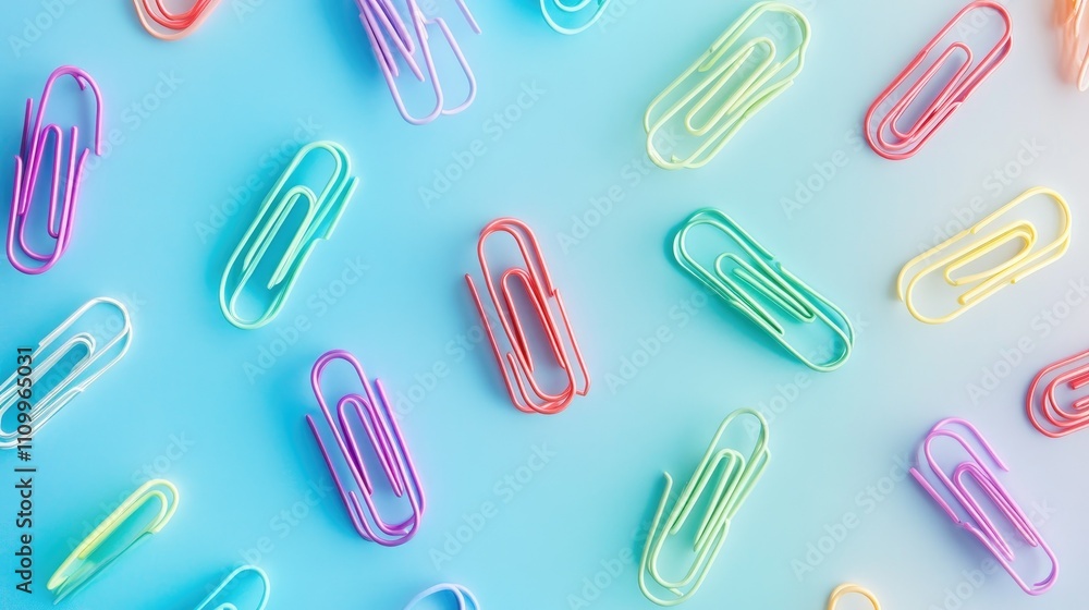 Poster flat lay gradient of paper clips transitioning seamlessly across vibrant colors on aqua
