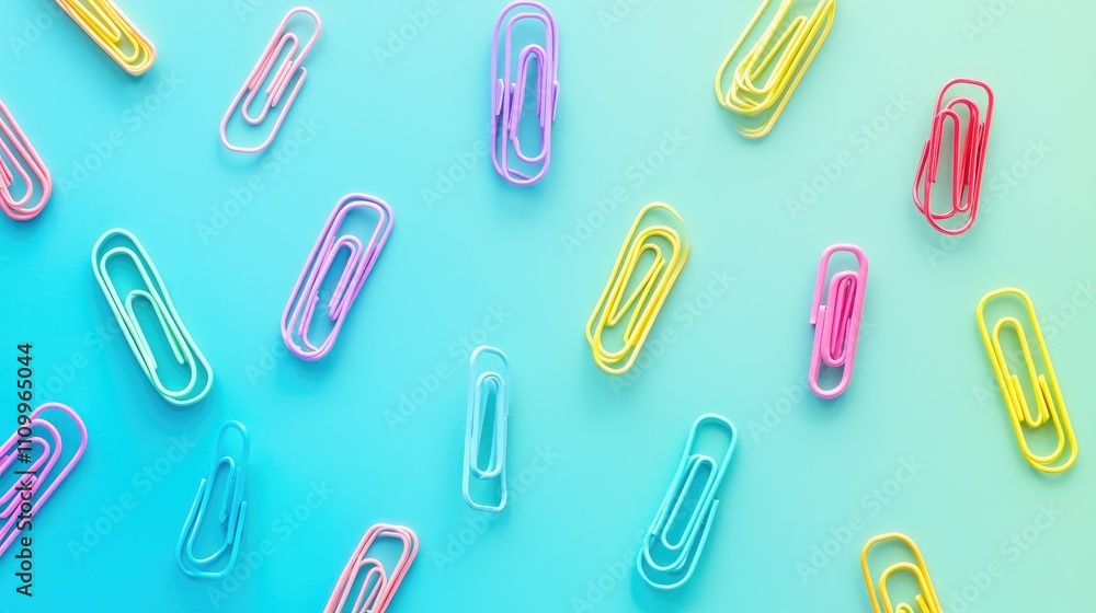 Poster flat lay gradient of paper clips transitioning seamlessly across vibrant colors on aqua