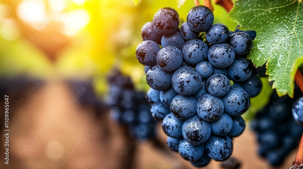 Poster a close-up of a cluster of ripe red grapes hanging from a vine, illuminated by the warm glow of the 