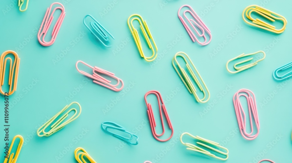 Poster flat lay gradient of paper clips transitioning seamlessly across vibrant colors on aqua