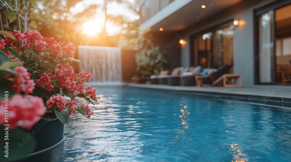 Poster a close-up of a pool with a waterfall and a patio in the background. the sunset is casting a warm gl