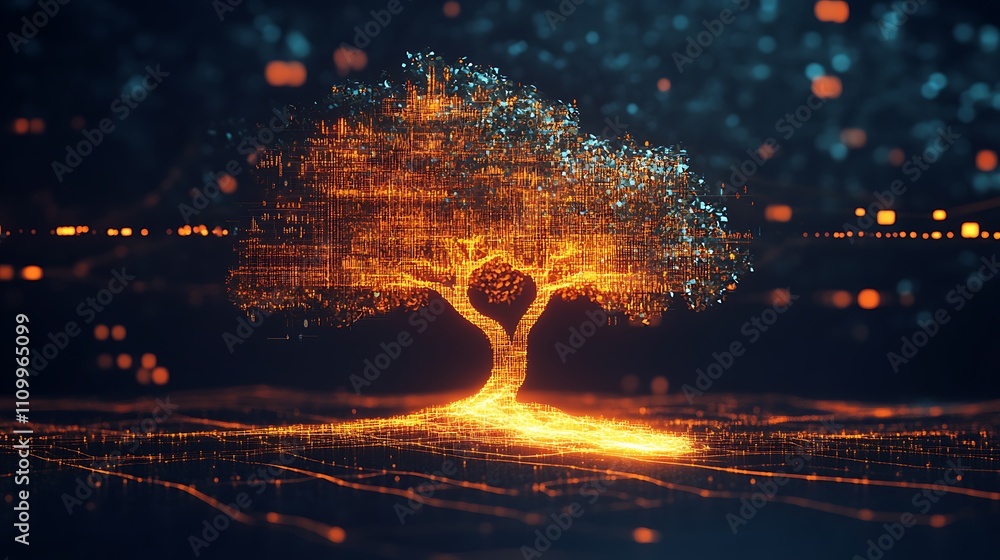 Aufkleber a glowing digital tree symbolizing growth and technology amidst a network of data.