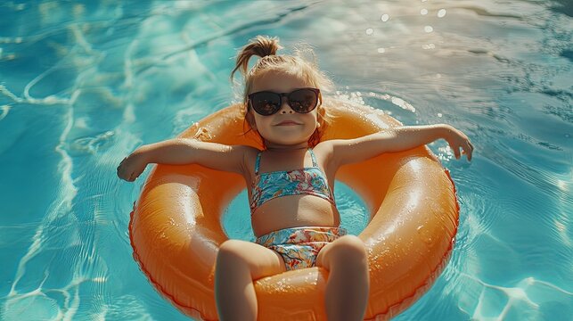 Toddler Girl Relaxing On Inflatable Ring In Pool