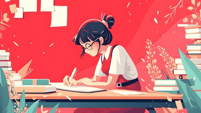 A 2D flat illustration of a student writing with desk and supplies, education-themed cartoon