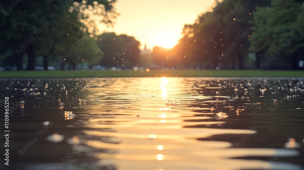 Poster a close-up view of a still pond reflecting the golden sunset with blurry trees and a light breeze cr