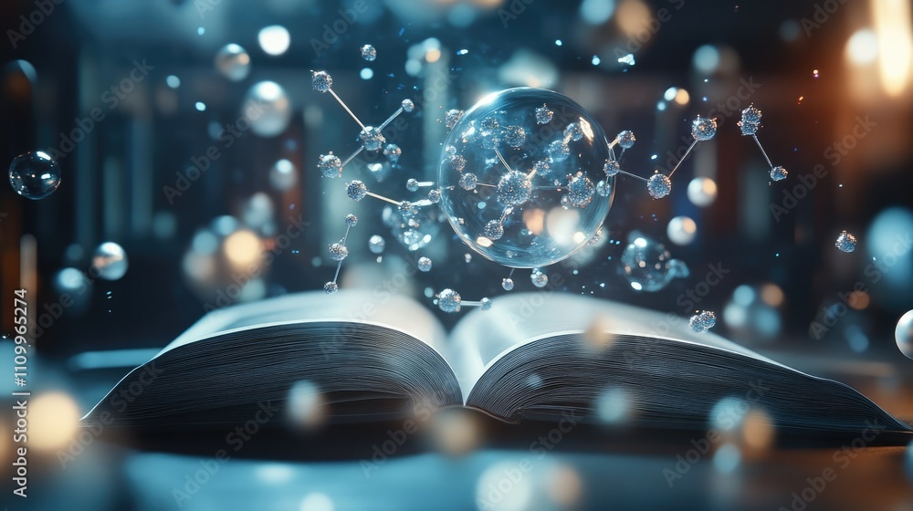 Poster floating holograms of atoms and molecules wrap around an open book in a dim environment
