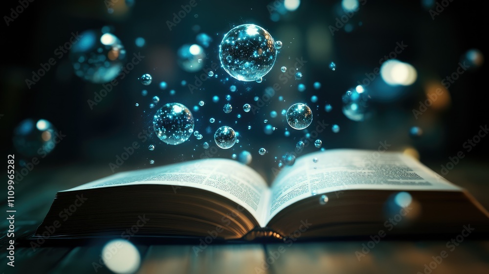 Poster floating holograms of atoms and molecules wrap around an open book in a dim environment