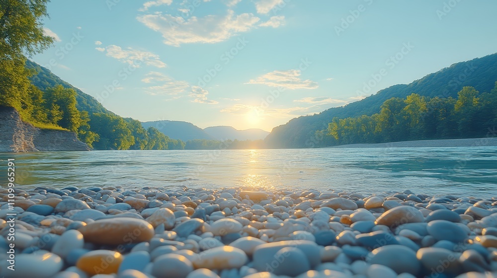 Poster a close-up view of smooth river rocks at the edge of a calm river with the setting sun in the backgr