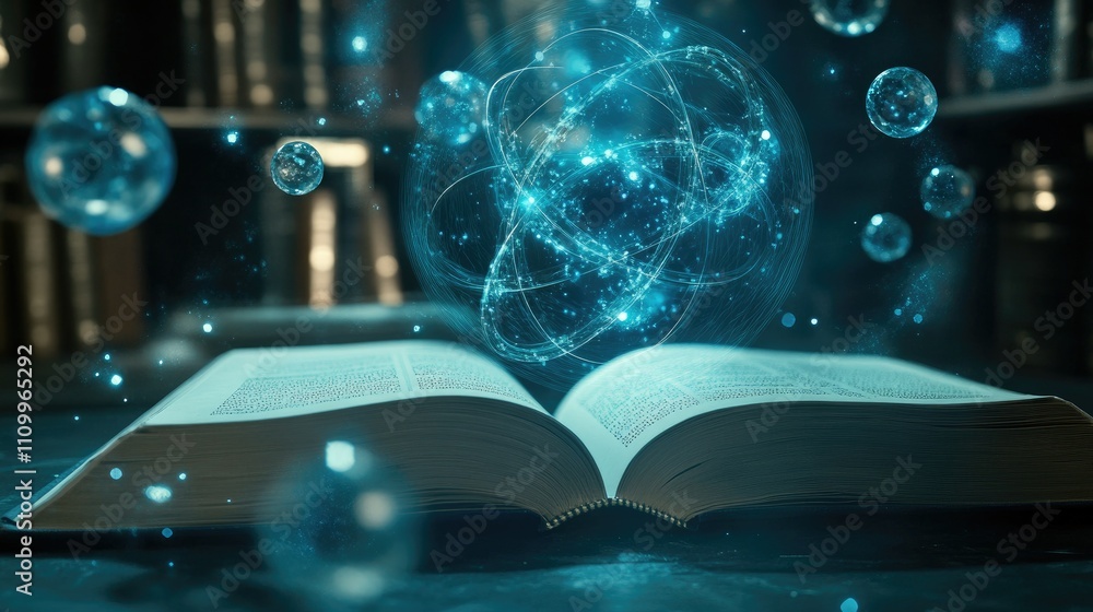 Poster floating holograms of atoms and molecules wrap around an open book in a dim environment